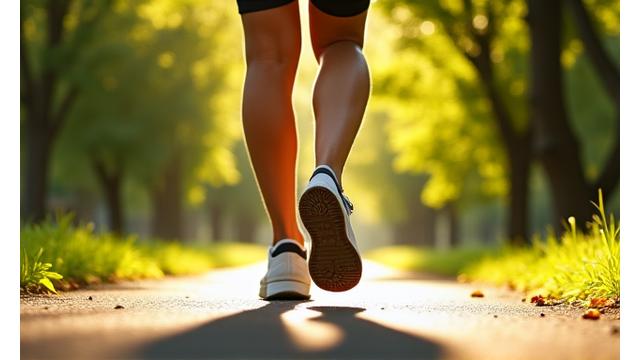 A person enjoying a morning walk in a sunlit park, emphasizing active lifestyle.