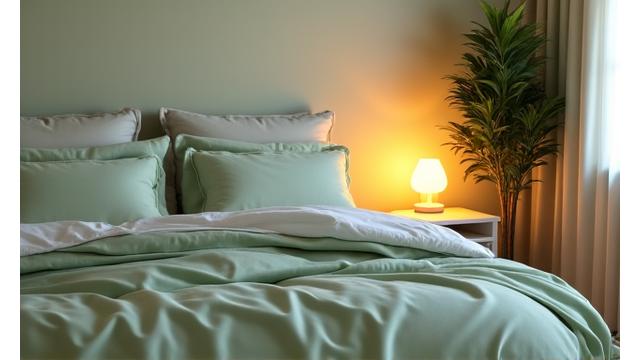 A serene bedroom setting with soft lamplight and comfortable bedding, suggesting restful sleep.