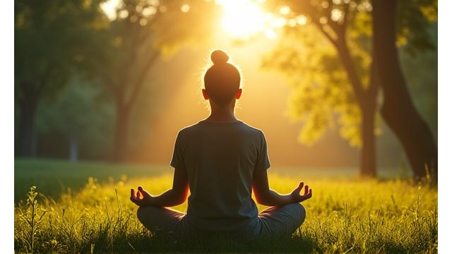 A person meditating peacefully outdoors, surrounded by soft, natural light.