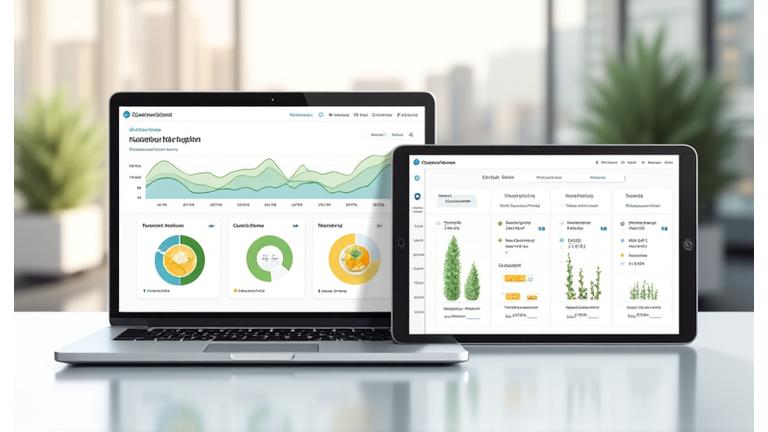 Multiple digital dashboards displaying health data, charts, and graphs on a laptop and tablet, indicating comprehensive progress monitoring.