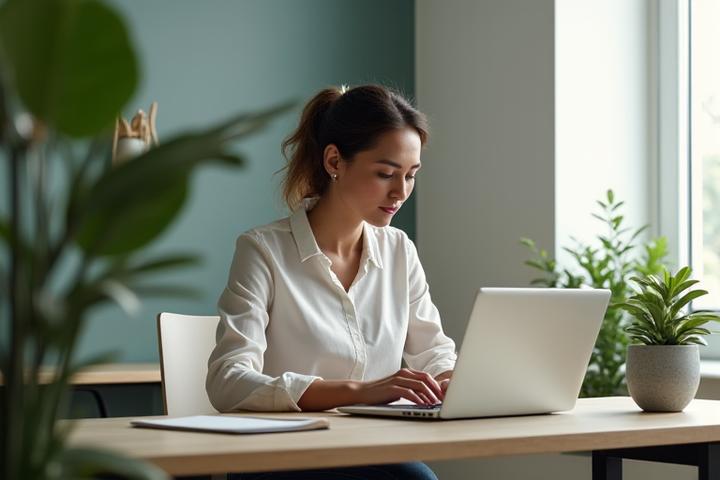 A tranquil desk setup with a small plant and a focused individual working calmly, representing effective workplace stress management.