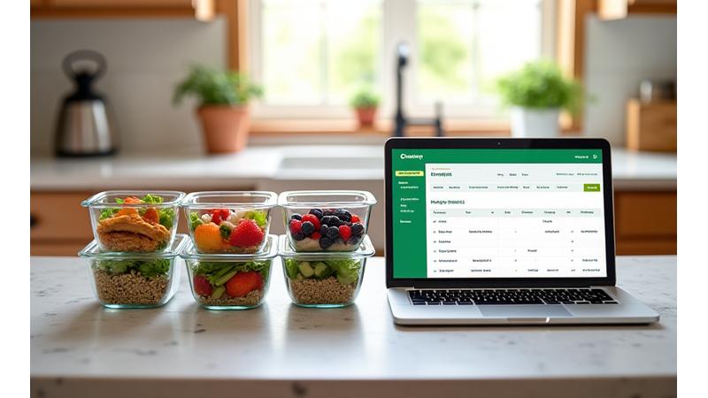A brightly lit kitchen counter with neatly arranged meal prep containers filled with healthy, colorful food, alongside a digital tablet showcasing a meal planning app.